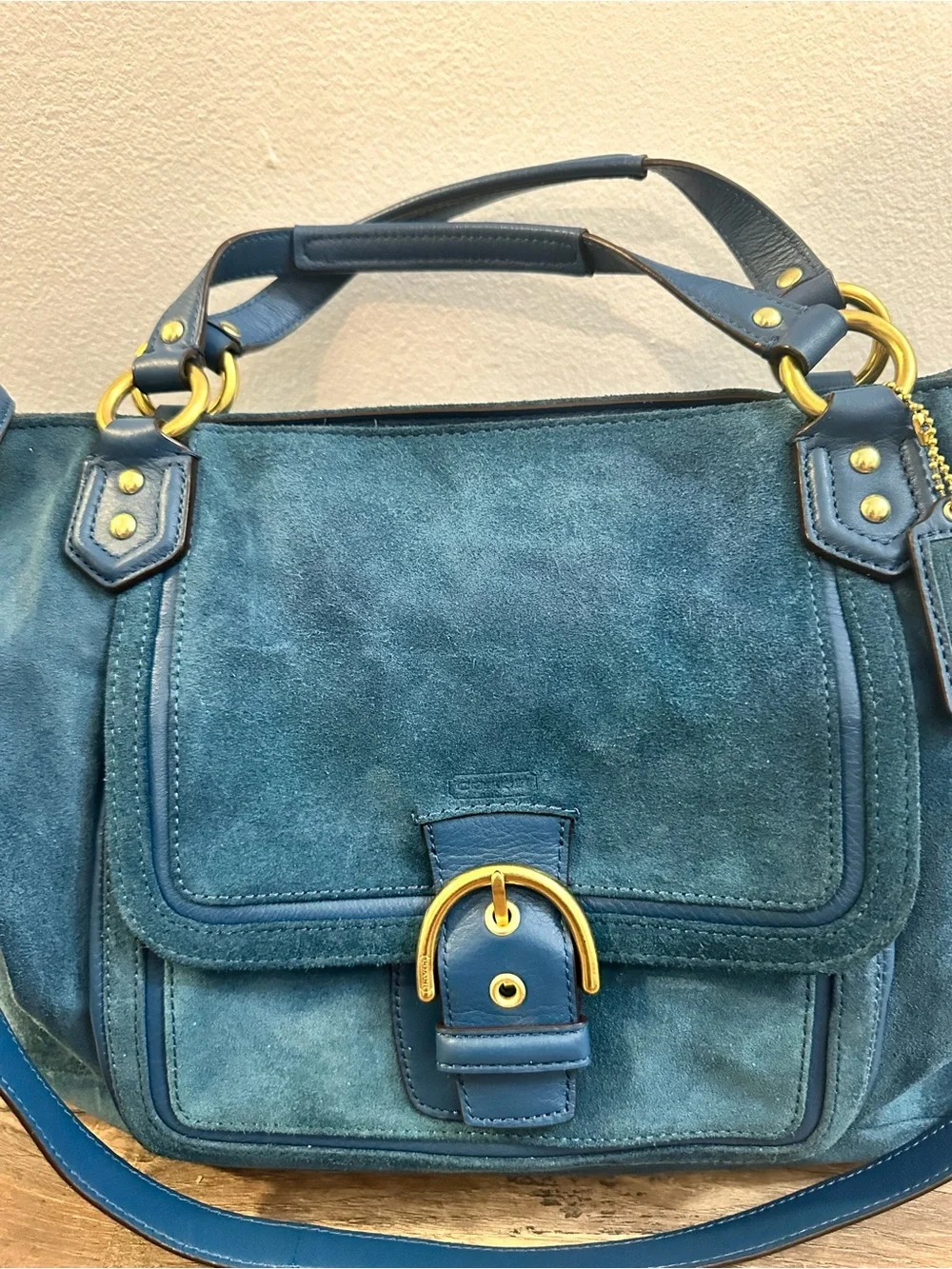 Coach Campbell Izzy Suede Satchel F25300 Teal Blue Leather Crossbody Bag